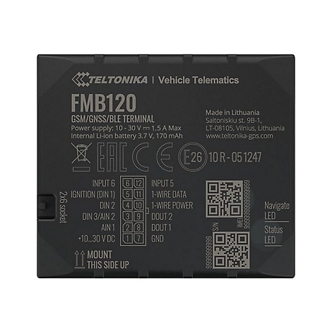 Schwarzes Gerät mit Text, darunter: FMB120, GSM/GNSS/BLE TERMINAL, technische Daten und Kontaktinformationen.