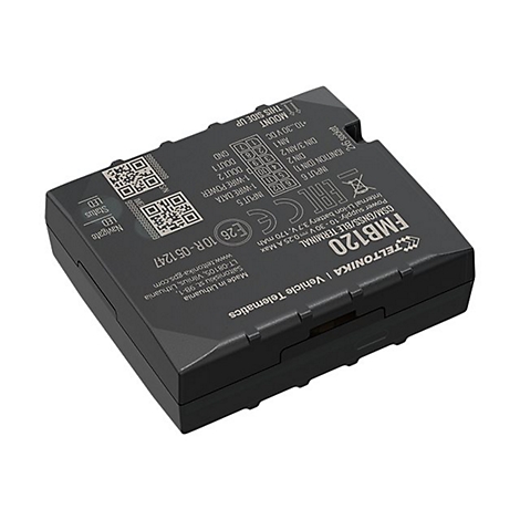 Schwarzes GPS-Gerät, FMB120, mit Beschriftungen und Anschlüssen auf weißem Hintergrund.