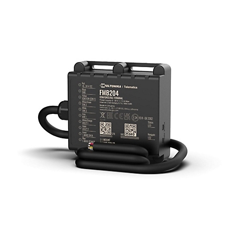 Ein schwarzes Telematik-Terminal mit Beschriftungen und Kabeln.