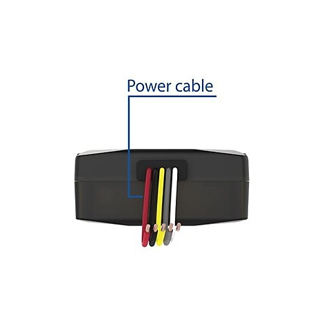 Nahaufnahme eines schwarzen Geräts mit farbigen Kabeln, betitelt mit 'Power cable'.