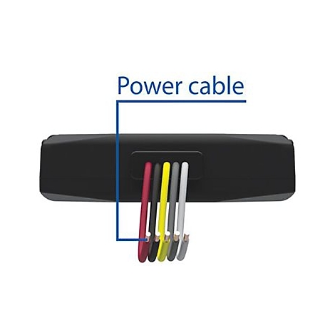 Detailaufnahme eines schwarzen Geräts mit farbigen Kabeln. Beschriftung: Power Cable.