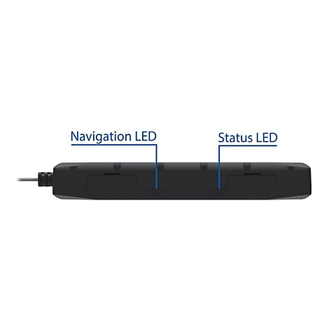 Schwarzes Gerät mit Aufschrift 'Navigation LED' und 'Status LED'.