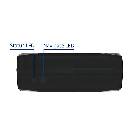 Schwarzes technisches Gehäuse mit zwei markierten LED-Anzeigen für Status und Navigation.