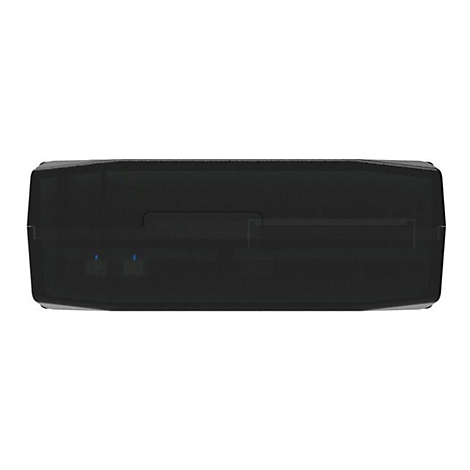 Schwarzes rechteckiges Gerät mit abgerundeten Kanten und zwei blauen Lichtern.