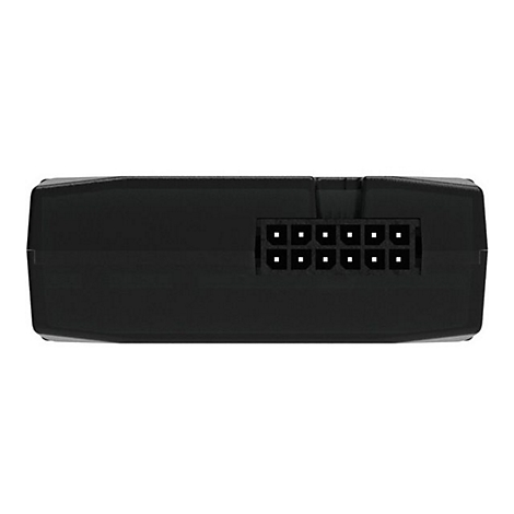 Schwarzes elektronisches Bauteil mit rechteckigem Körper, Anschlussleiste mit acht Pins. Hintergrund weiß.