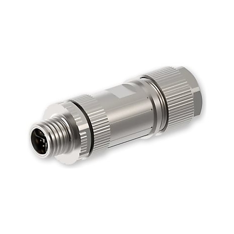 Silberfarbener, zylindrischer Stecker mit Gewinde und mehreren Kontakten.