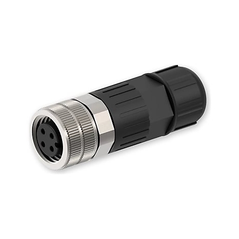 Ein abgewinkelter, zylindrischer Stecker mit Metall- und Kunststoffelementen, schwarz, silber und grau. Vier Löcher auf der Frontseite.