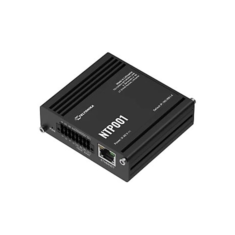 Schwarzes Netzwerkgerät mit der Aufschrift NTP001, Ethernetanschluss und Anschlüssen. Logo von Teltonika.