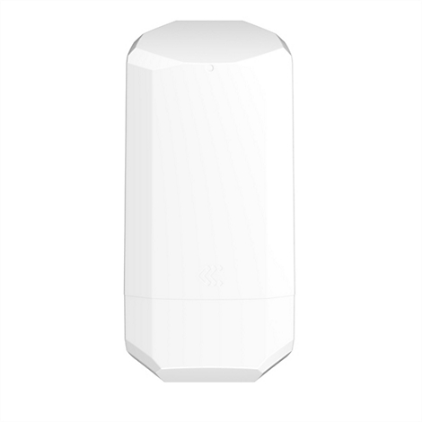 Ein weißes, zylindrisches Gerät mit abgeschrägten Kanten und einem Pfeilsymbol. Auf weißem Hintergrund.