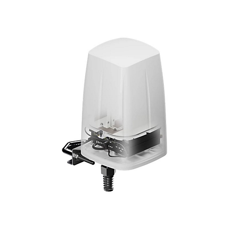 Appareil électronique blanc transparent. Le dessus est un couvercle conique, le reste du boîtier est transparent. Support et vis noirs.