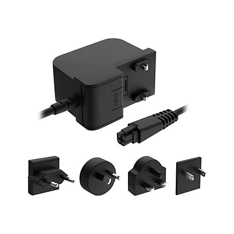 Adaptateur secteur noir avec fiches amovibles. Adaptateur secteur en haut à gauche, un câble à droite et diverses fiches en bas.