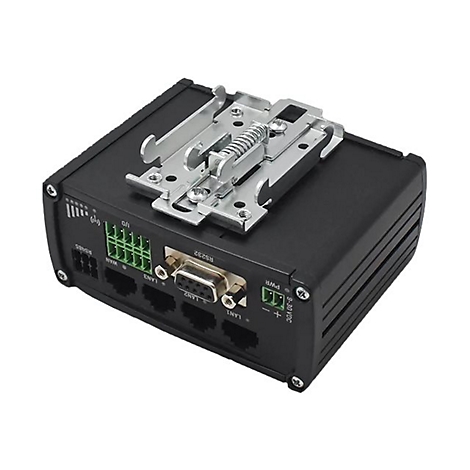 Schwarzer Router mit Metallhalterung. Anschlüsse für LAN, WAN, RS232, I/O und Strom. Deutliche Beschriftung.