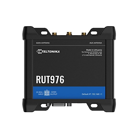 Appareil RUT976 noir avec logo Teltonika. Avec antennes et panneaux de connexion. Étiqueté: Main Antenna, AUX Antenna, Input, Output.
