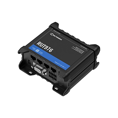 Un appareil RUT976 noir avec un lettrage bleu. Le dessus porte les inscriptions MAIN ANTENNA et TELTONIKA.