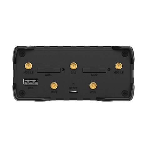 Appareil noir avec connexions USB, carte SIM, GPS et WiFi. Étiquettes : MOBILE, SIM1, GPS, SIM2, RESET, WiFi.