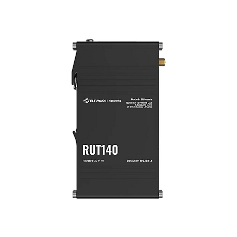 Schwarzer Router mit "RUT140" Aufdruck. Hersteller- und Kontaktinformationen sind ebenfalls sichtbar.