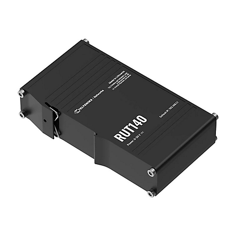 Schwarzer Router mit "RUT140" und "TELTONIKA Networks" Schriftzug. Details wie Power und IP-Adresse sind auch sichtbar.