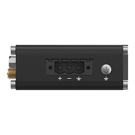 Detailaufnahme einer schwarzen, rechteckigen Elektronikkomponente mit Steckern, Anschlüssen und einer Antenne.