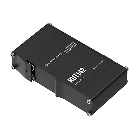 Schwarzer Router mit "RUT142" Beschriftung, "TELTONIKA Networks" Logo und technischen Details.