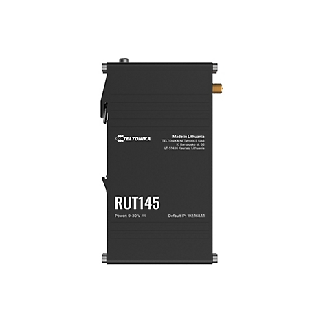 Schwarzer Router mit "TELTONIKA" Logo und "RUT145" Beschriftung, Details wie 'Made in Lithuania' und technische Daten.