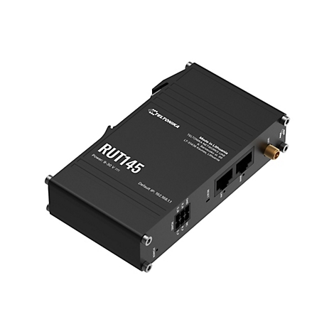 Schwarzer Router mit "RUT145" Schriftzug und Logos. Verschiedene Anschlüsse und Informationen sind ebenfalls abgebildet.