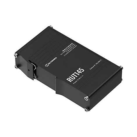 Schwarzer Router mit "RUT145" Schriftzug und weiteren technischen Details.