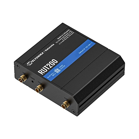 Un appareil RUT200 noir de Teltonika. L'appareil comporte des ports et une bande bleue avec des données techniques.