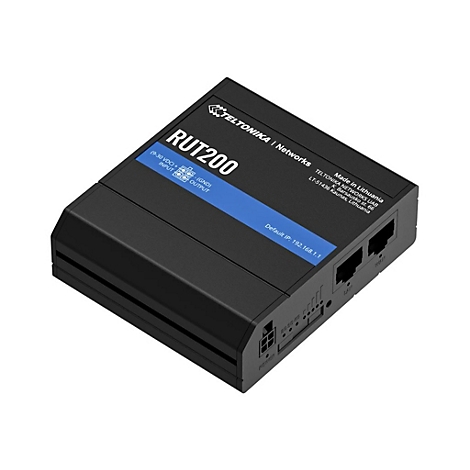 Ein schwarzer Teltonika RUT200 Router, diagonale Ansicht. Beschriftungen: RUT200, Eingänge, Ausgänge, Default IP, Teltonika Networks.