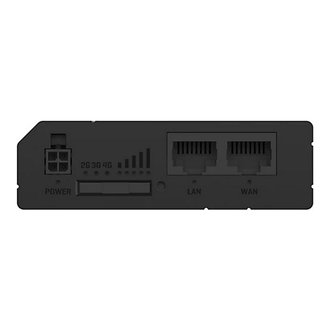 Schwarzes Router-Modul. Links: Power-Anschluss, Leuchtdioden für 2G, 3G, 4G, Signalstärke. Rechts: LAN und WAN-Anschlüsse.