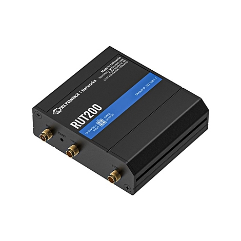 Ein schwarzes RUT200-Gerät mit Anschlüssen, Logo und Beschriftung. Blaue Leiste mit "Default IP: 192.168.1.1".