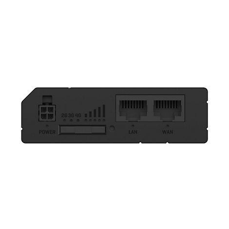 Schwarzer Router mit Anschlüssen, Anzeigen und Beschriftungen: Power, LAN, WAN, 2G 3G 4G.
