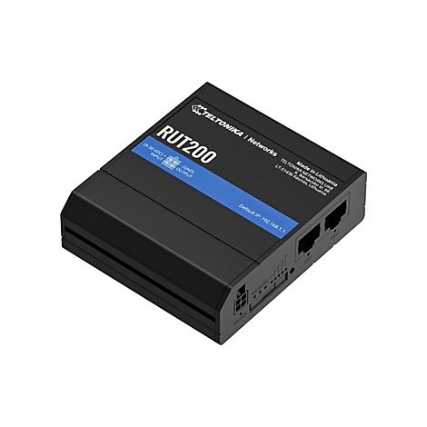 Ein schwarzes RUT200-Modem mit blauen Akzenten, Anschlüssen und weißen Beschriftungen.