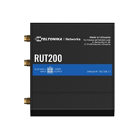 Schwarzer Router mit "RUT200"-Schriftzug und technischen Informationen. Oben links das Logo von TELTONIKA, rechts Herstellerangaben.
