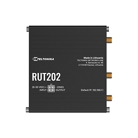 Schwarzer Router mit "TELTONIKA" Logo und "RUT202" Schriftzug. Anschlüsse und technische Daten sind ebenfalls zu sehen.