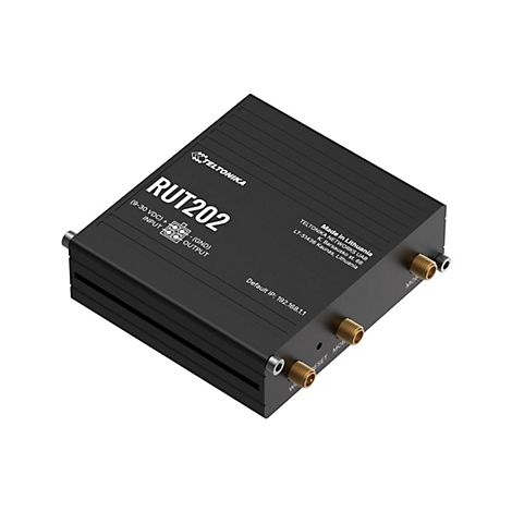 Ein schwarzer Teltonika RUT202 Router, mit Anschlüssen und Schriftzügen versehen, liegt auf hellem Hintergrund.