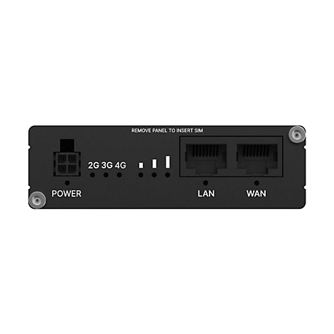 Schwarzes Router-Panel mit Text: POWER, LAN, WAN, 2G 3G 4G und 'REMOVE PANEL TO INSERT SIM'.