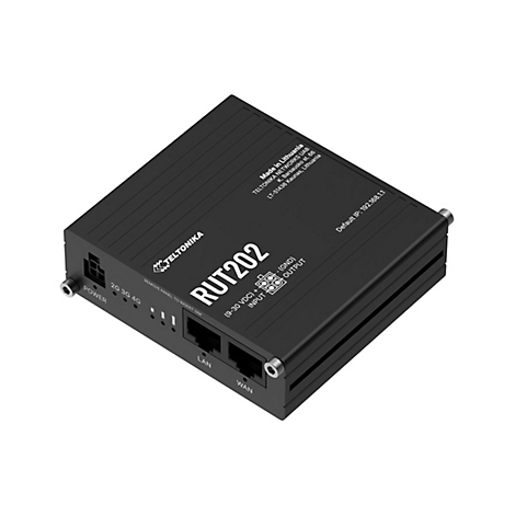 Schwarzer Router von Teltonika, Modell RUT202. Aufschrift: 2G 3G 4G, LAN, WAN, Power und SIM-Einschub.