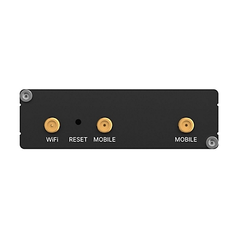 Schwarzes elektronisches Gerät mit goldenen Anschlüssen und den Beschriftungen WiFi, Reset und Mobile.
