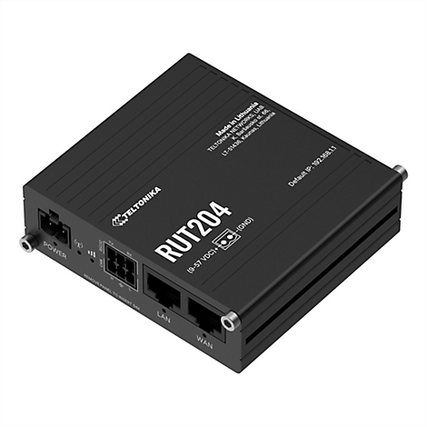 Schwarzer Teltonika RUT204 Industrie-Router in quadratischem Metallgehäuse mit LAN- und WAN-Anschlüssen.