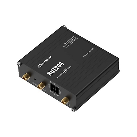 Schwarzer Router RUT206 mit Antennen, Beschriftung: TELTONIKA, Reset, WiFi, RS485, Default IP 192.168.1.1, hergestellt in Litauen.