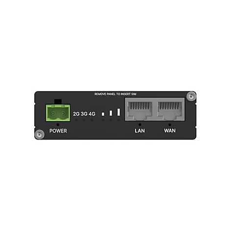 Schwarzes elektronisches Gerät mit Anschlüssen und Anzeigen. Aufschrift: Power, LAN, WAN, 2G, 3G, 4G.