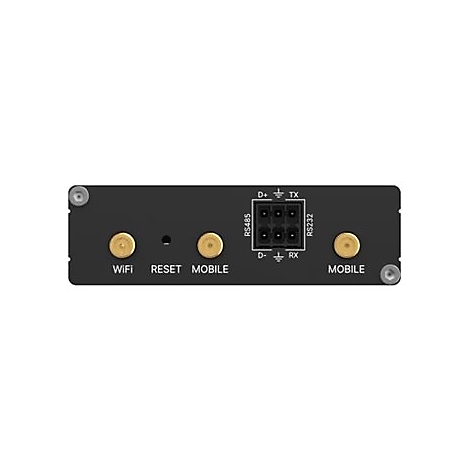 Schwarzes Elektronikgerät mit Anschlüssen. Beschriftungen: WIFI, RESET, MOBILE, RS485, RS232. Schrauben an den Ecken.