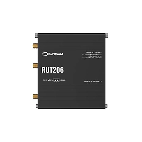 Schwarzer Router mit goldenen Anschlüssen. Aufschrift: RUT206, Teltonika. Text: Made in Lithuania, Standard-IP.