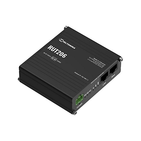 Schwarzer Router mit "RUT206" Aufschrift, Anschlüssen und Logo auf weißem Hintergrund.