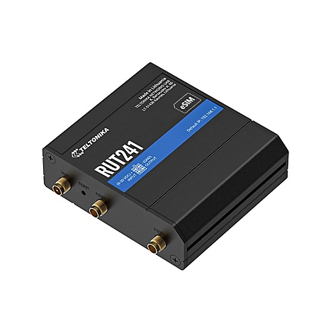 Schwarzer Teltonika RUT241 Router, Draufsicht. Oben links Logo, darunter Modellbezeichnung und Anschlüsse. Texte: "eSIM", "Made in Lithuania".