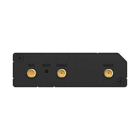 Schwarzes elektronisches Gerät mit Anschlüssen und Beschriftungen: WiFi, Reset, Mobile. Goldfarbene Antennenanschlüsse.