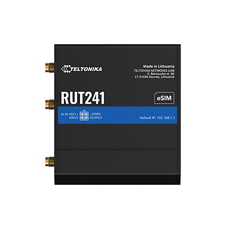 Schwarzer Router RUT241 mit Antennen, Text: Teltonika, eSIM, Default IP 192.168.1.1, Made in Lithuania.