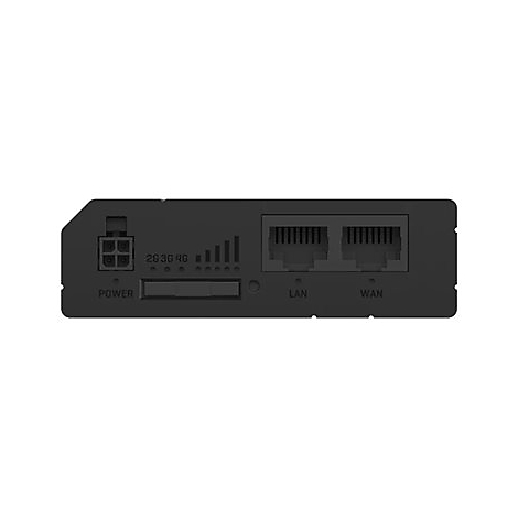 Schwarzes Netzwerkgerät mit Anschlüssen und Anzeigen. Beschriftungen: Power, LAN, WAN, 2G 3G 4G.