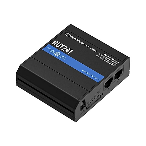 Schwarzer Router mit der Aufschrift RUT241, Hersteller Teltonika. Blaue Leiste mit Input/Output Angaben und Default IP.