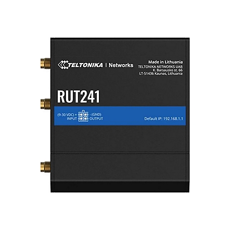 Routeur noir avec texte "RUT241" et informations techniques. Le logo Teltonika est en haut à gauche.